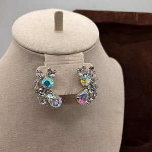 Aurora Borealis Rhinestone Statement Earrings Silver Tone Crystal Post